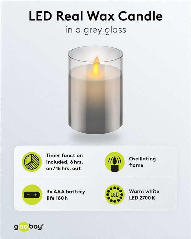 LED-Echtwachskerze im Glas, 7,5 x 10 cm, grau-transparent