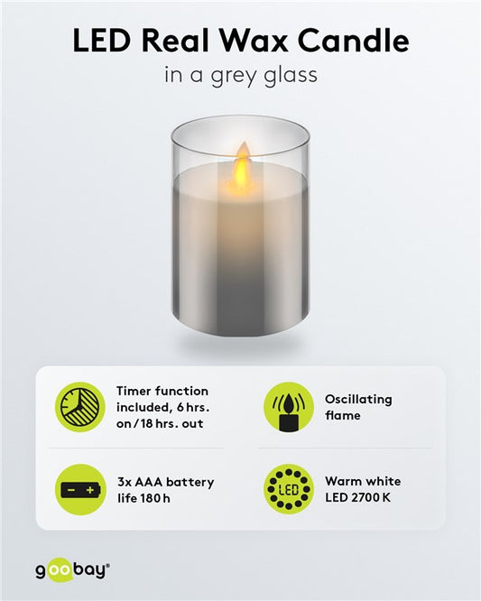 LED-Echtwachskerze im Glas, 7,5 x 10 cm, grau-transparent