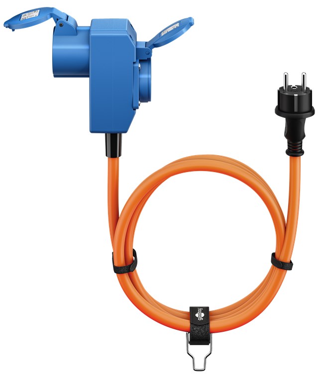 CEE-Adapterleitung, Schutzkontakt-Stecker auf 90° CEE-Kupplung und Schutzkontakt-Kupplung, 1,5 m