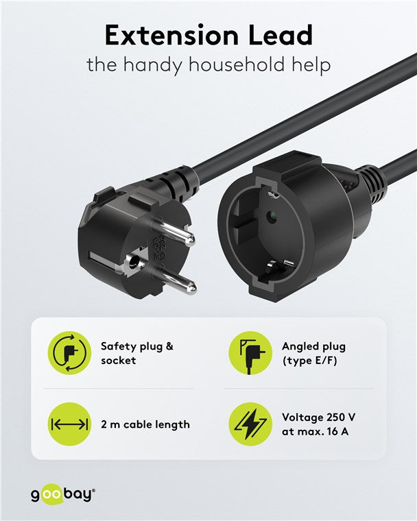 Verlängerungskabel Schutzkontakt, 2 m, Schwarz, (3*1,5 mm²)