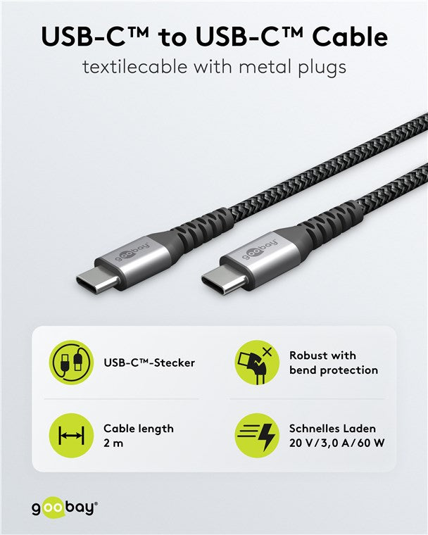 USB-C™-auf-USB-C™-Textilkabel mit Metallsteckern (spacegrau/silber), 2 m
