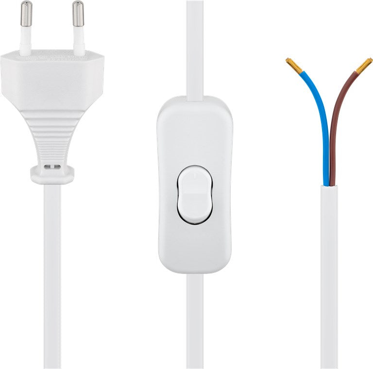 Kabel mit Eurostecker zum Konfektionieren - mit Schalter, 1,5 m, Weiß, (2*0,75 mm²)