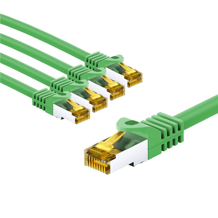 RJ45-Patchkabel CAT 6A S/FTP (PiMF), 500 MHz mit CAT 7 Rohkabel, 3 m, grün, 5er-Set