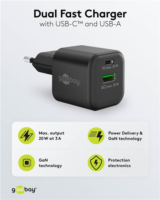 USB-C™ PD GaN Dual-Schnellladegerät Nano (20 W) schwarz