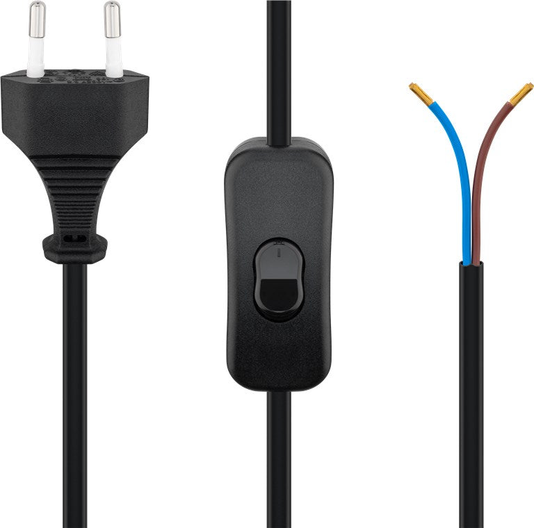 Kabel mit Eurostecker zum Konfektionieren - mit Schalter, 1,5 m, Schwarz, (2*0,75 mm²)