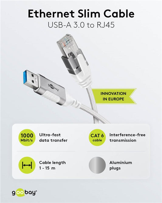 Ethernet-Kabel USB-A 3.0 auf RJ45, Slim, 1 m