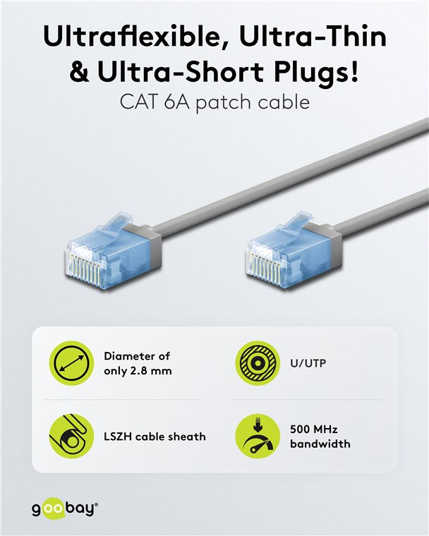 Ultraflexibles CAT 6A Patchkabel, slim, U/UTP, grau