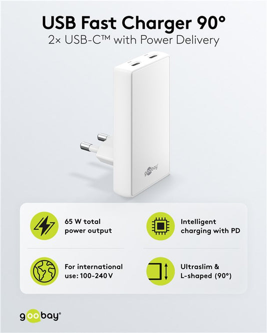 USB-C™ PD GaN Dual-Schnellladegerät 90° Flat (65 W) weiß