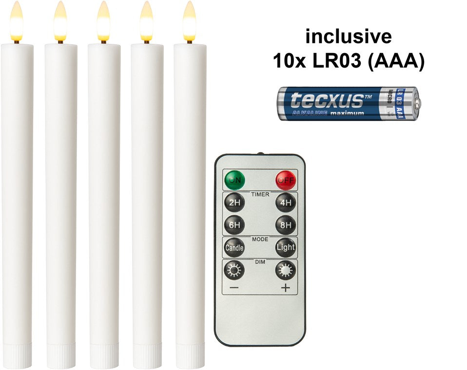 5er-Set weiße LED-Echtwachs-Stabkerzen, inkl. Fernbedienung und 10x AAA (LR03)
