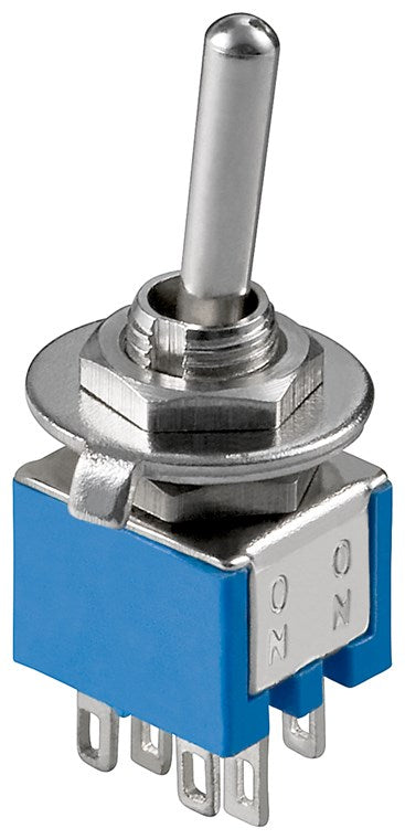 Kippschalter Miniatur, 2x UM, 6 Pins, blaues Gehäuse