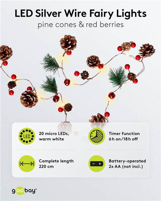 20er LED-Silberdraht-Lichterkette "Tannenzapfen & rote Beeren"
