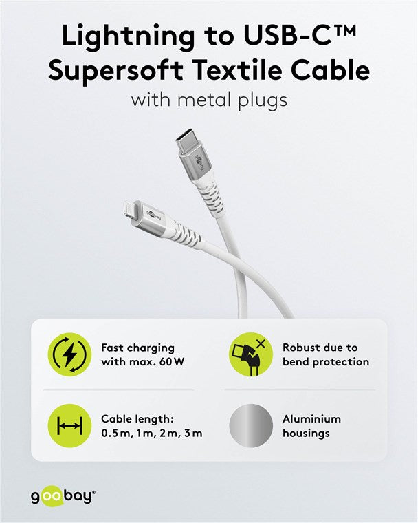 Lightning auf USB-C™ Supersoftes Textilkabel mit Metallsteckern, 0,5 m
