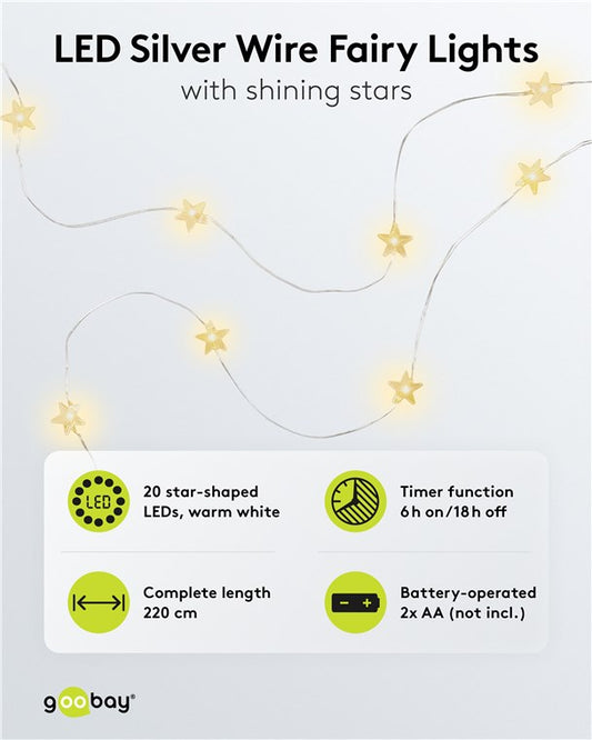 20er LED-Silberdraht-Lichterkette "Sterne"