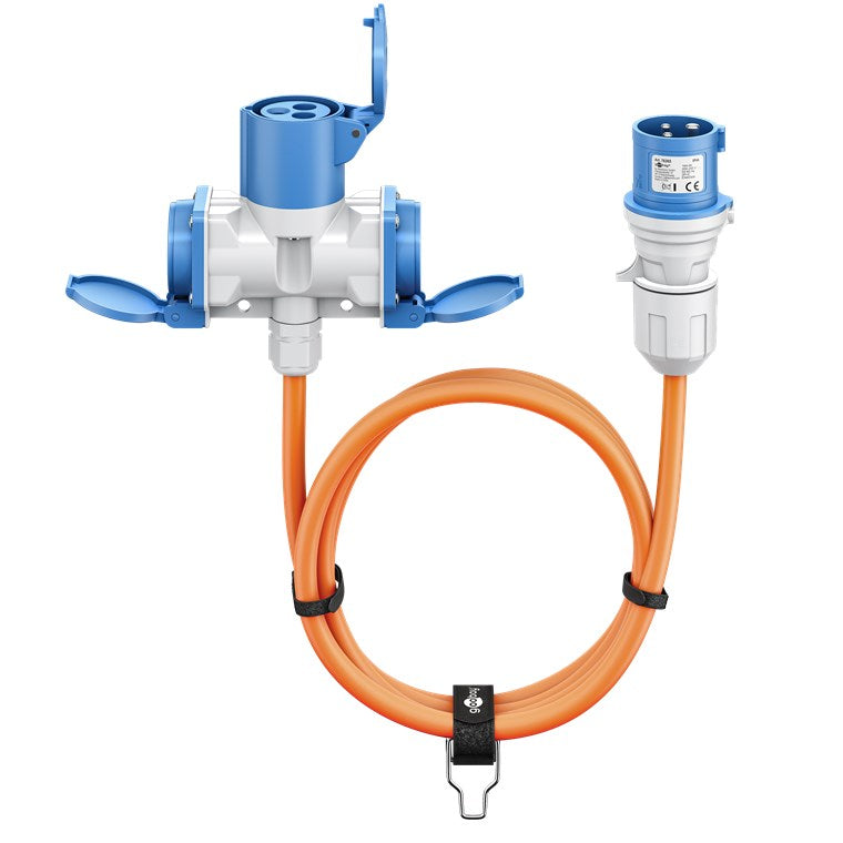 CEE-Adapterleitung, CEE-Stecker auf 1x CEE-Kupplung und 2x Schutzkontakt-Kupplung, 10 m
