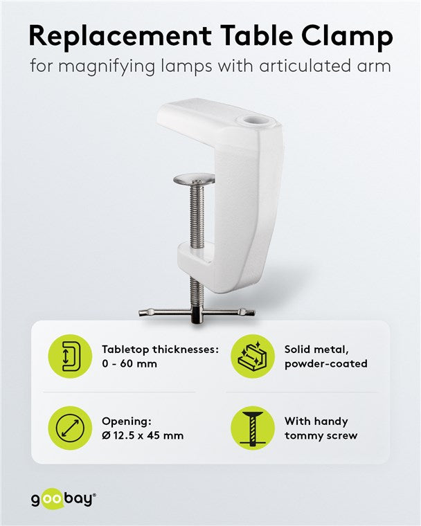 Replacement table clamp for magnifying lamps with articulated arm, white