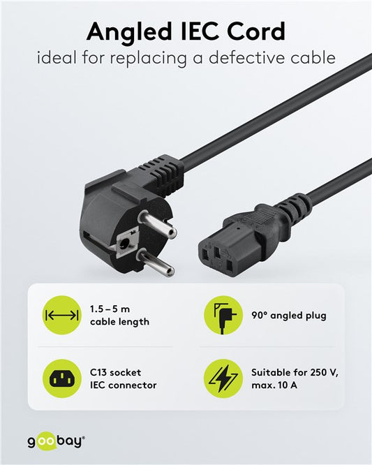 Abgewinkeltes Kaltgeräte-Anschlusskabel, 3 m, Schwarz, (3*1 mm²)