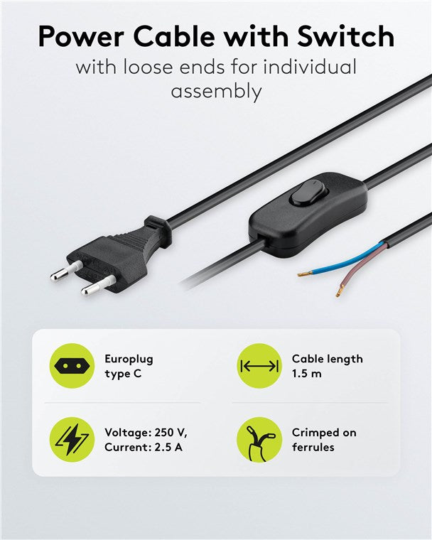 Kabel mit Eurostecker zum Konfektionieren - mit Schalter, 1,5 m, Schwarz, (2*0,75 mm²)