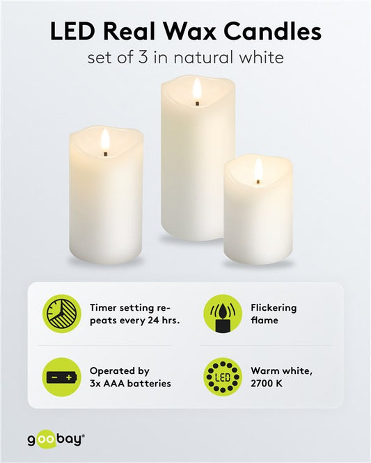 3er-Set LED-Echtwachskerzen, weiß, inkl. 10x AAA (LR03)
