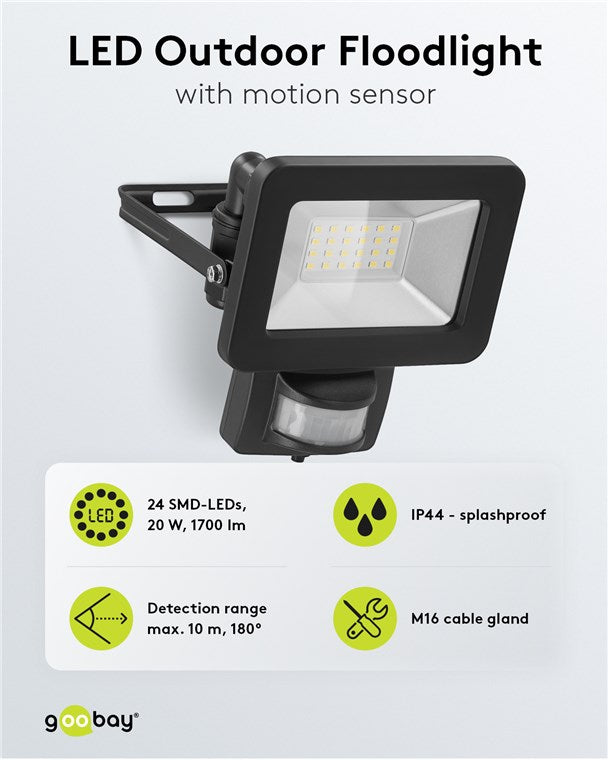 LED outdoor spotlight, 20 W, with motion detector