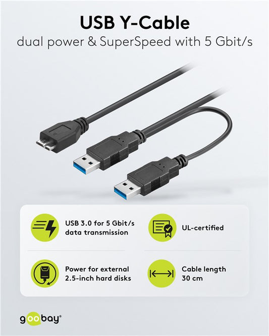 2in1-Kabel USB Micro-B auf 2x USB-A, 0,3 m, schwarz