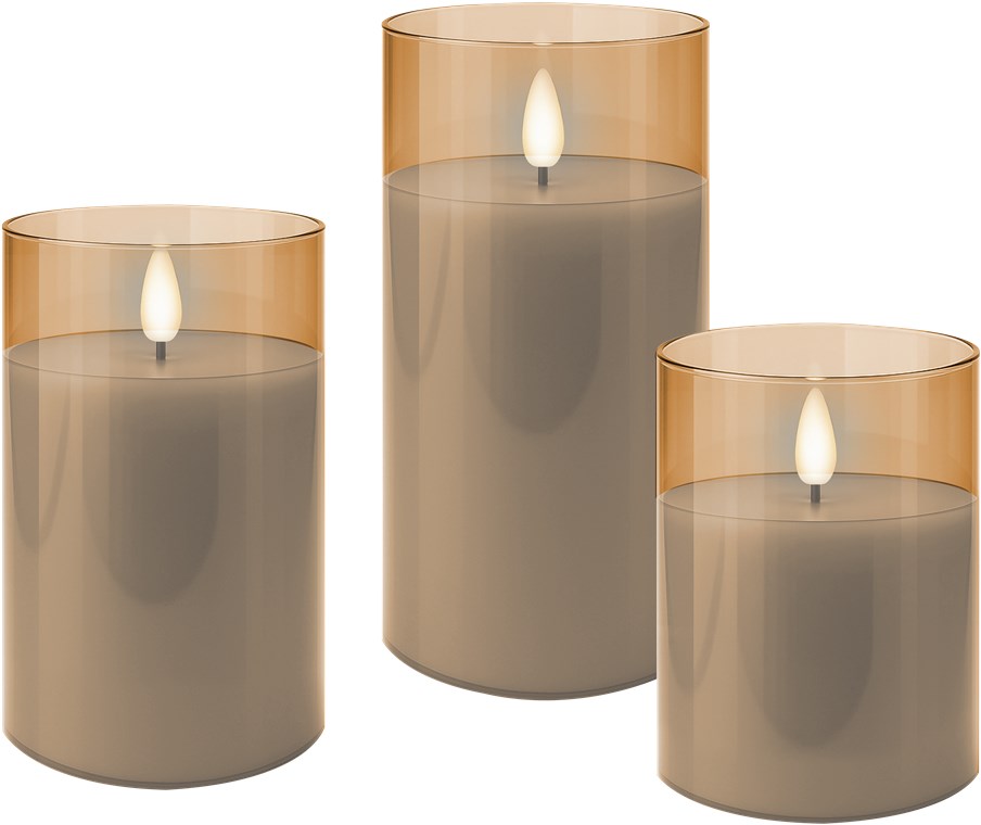 3er-Set LED-Echtwachs-Kerzen im Glas, gold-transparent
