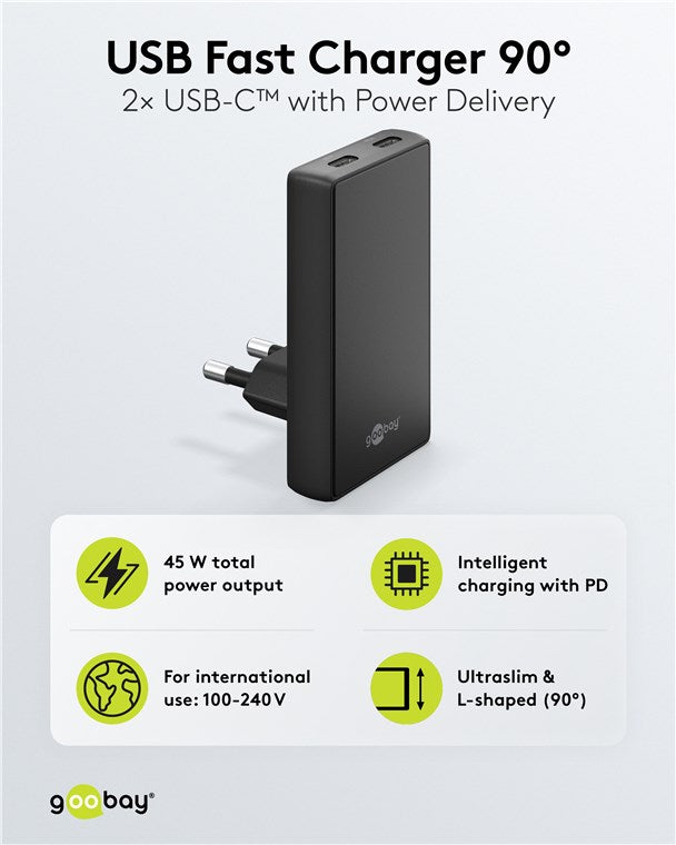 USB-C™ PD GaN Dual-Schnellladegerät 90° Flat (45 W) schwarz