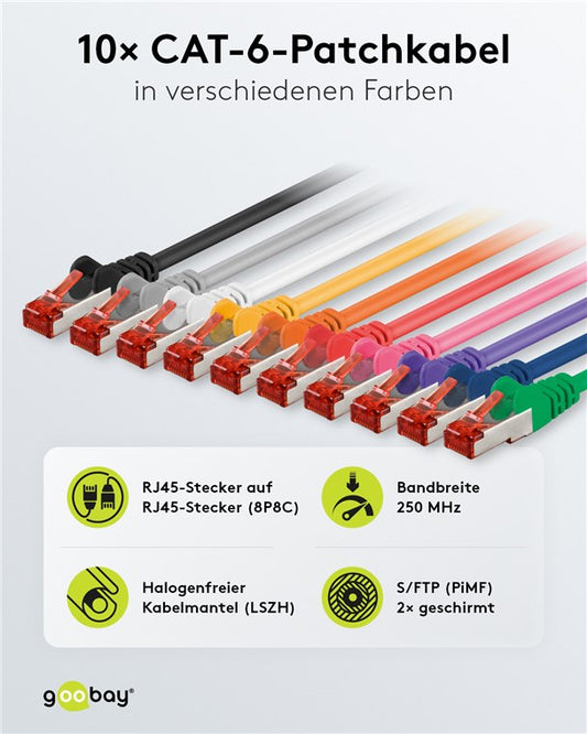 CAT 6 Patchkabel, S/FTP (PiMF), 1 m, Set in 10 Farben