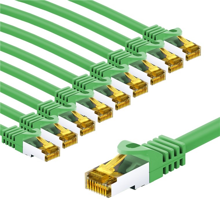 RJ45-Patchkabel CAT 6A S/FTP (PiMF), 500 MHz mit CAT 7 Rohkabel, 1 m, grün, 10er-Set