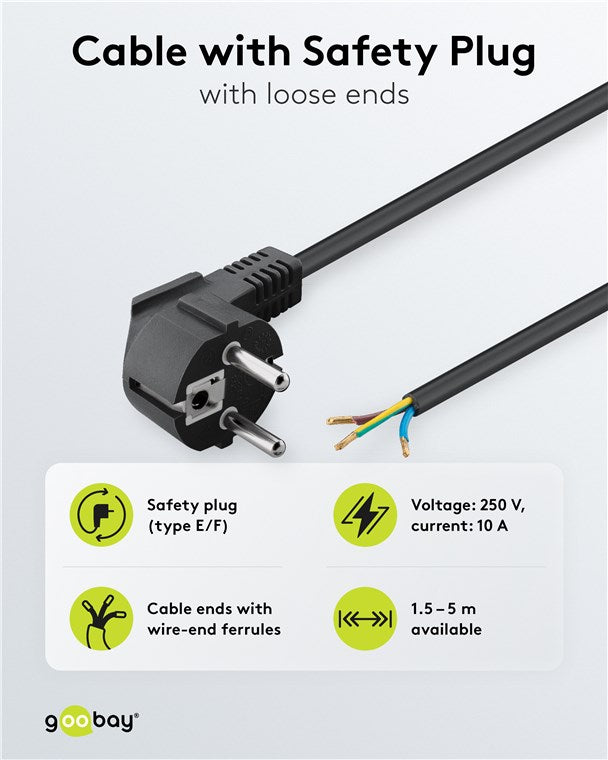 Schutzkontaktkabel abgewinkelt zum Konfektionieren, 3 m, Schwarz, (3*1 mm²)