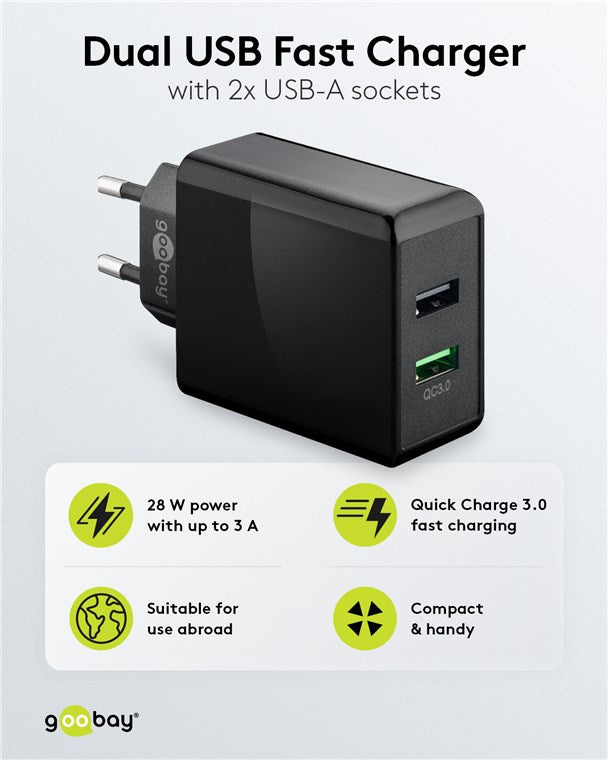 USB-A QC Dual-Schnellladegerät (28 W) schwarz
