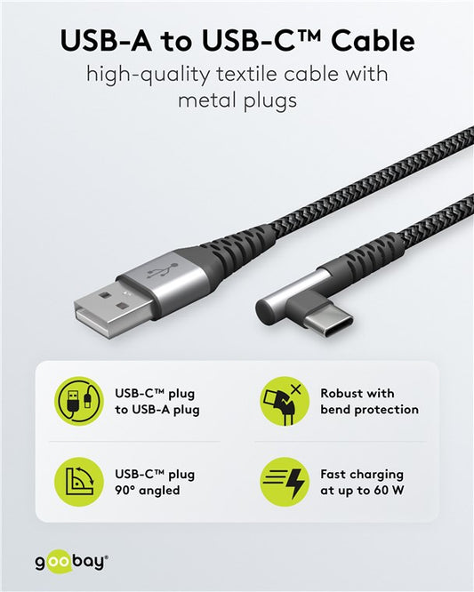 USB-C™-auf-USB-A-Textilkabel mit Metallsteckern (spacegrau/silber), 90°, 0,5 m