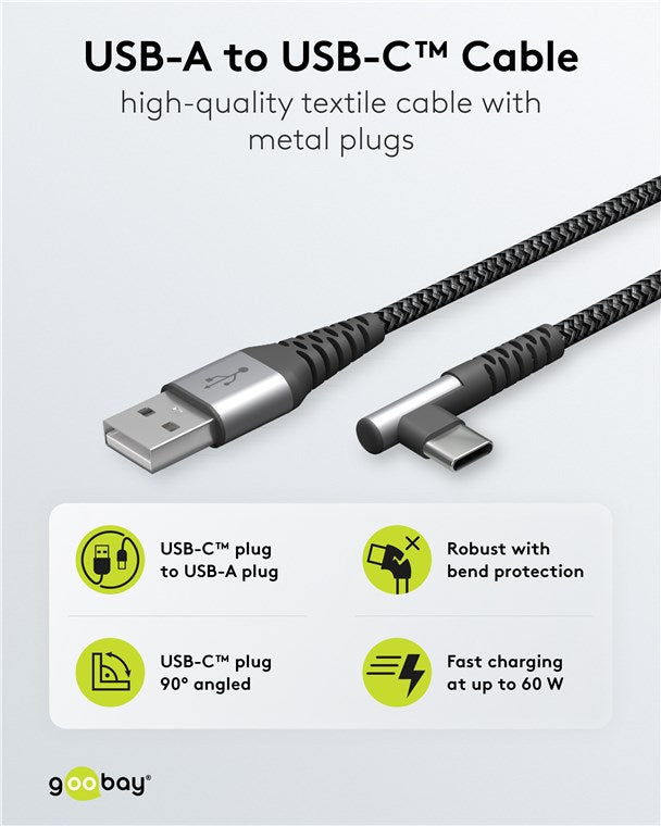 USB-C™-auf-USB-A-Textilkabel mit Metallsteckern (spacegrau/silber), 90°, 1 m
