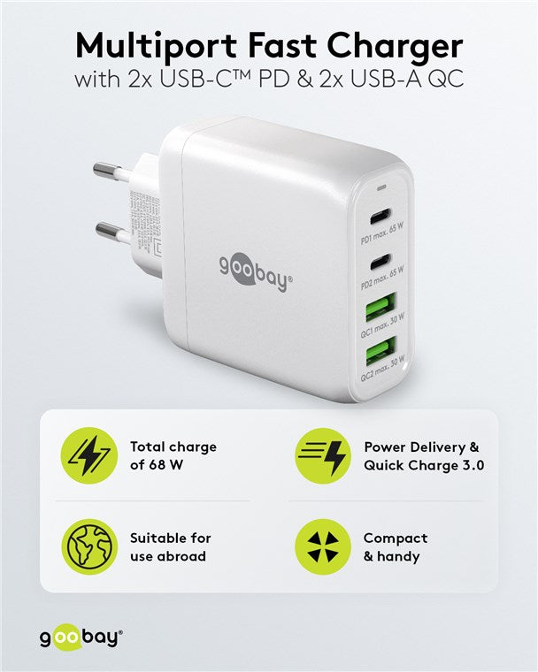 USB-C™ PD GaN Multiport-Schnellladegerät (68 W) weiß