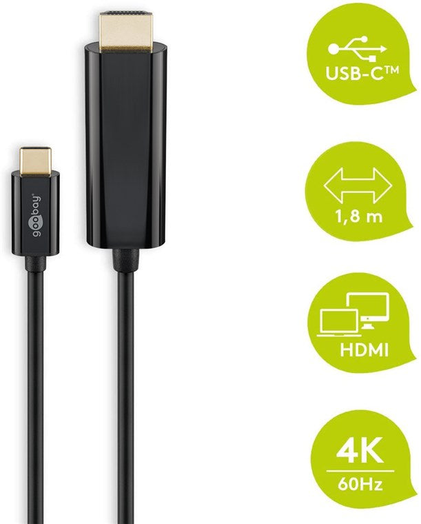 USB-C™- HDMI Adapterkabel 4k @ 60 Hz, 1,80m, schwarz