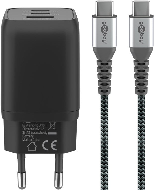 Set aus USB-C™-Schnellladegerät Nano (65 W) und USB-C™-Textilkabel (1 m)