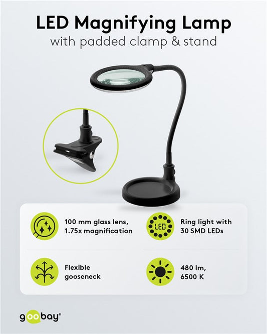 LED stand/clamp magnifying lamp, 6 W, black