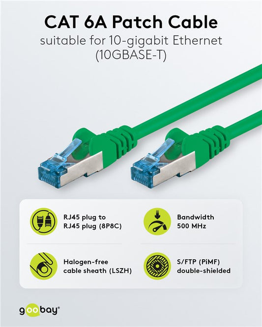CAT 6A Patchkabel, S/FTP (PiMF), 1 m, grün, 5er-Set