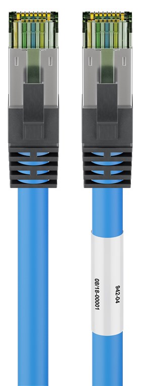 RJ45 (CAT 6A, 500 MHz) patch cable with CAT 8.1 S/FTP raw cable, blue