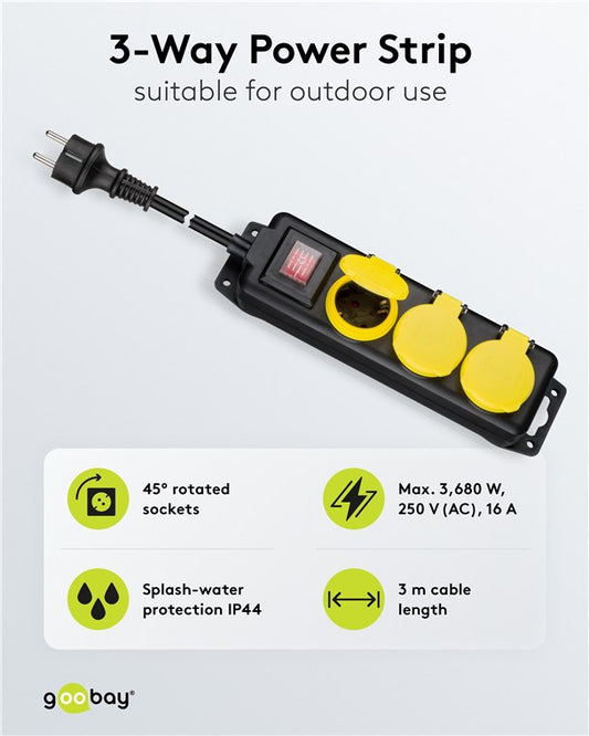 Triple power strip, splash-proof, 3 m