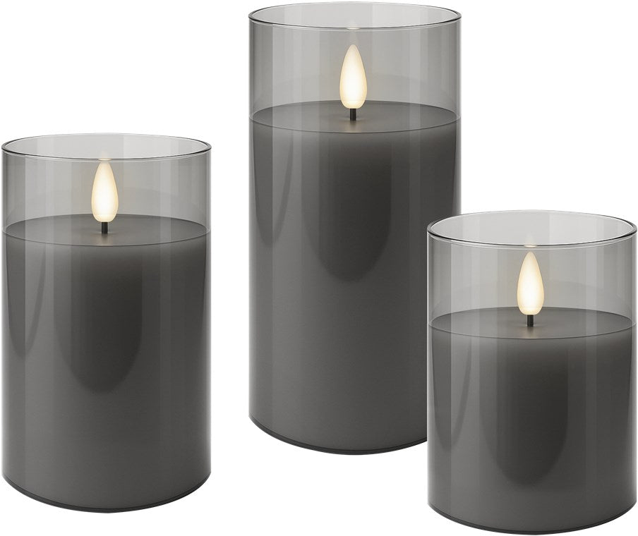 3er-Set LED-Echtwachs-Kerzen im Glas, grau-transparent