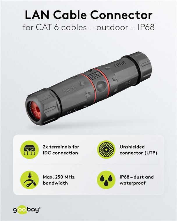 Outdoor (IP68) network cable connector, CAT 6 UTP unshielded