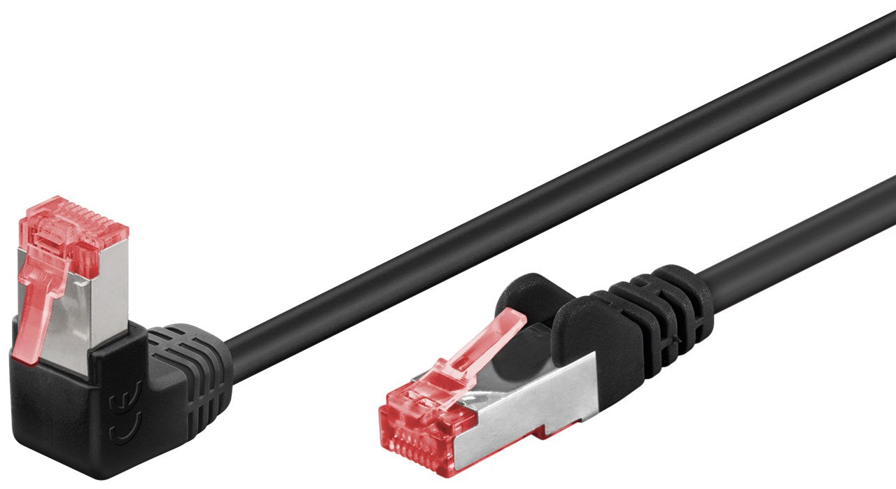 CAT 6 Patchkabel 1x 90° gewinkelt, S/FTP (PiMF), schwarz, 10 m