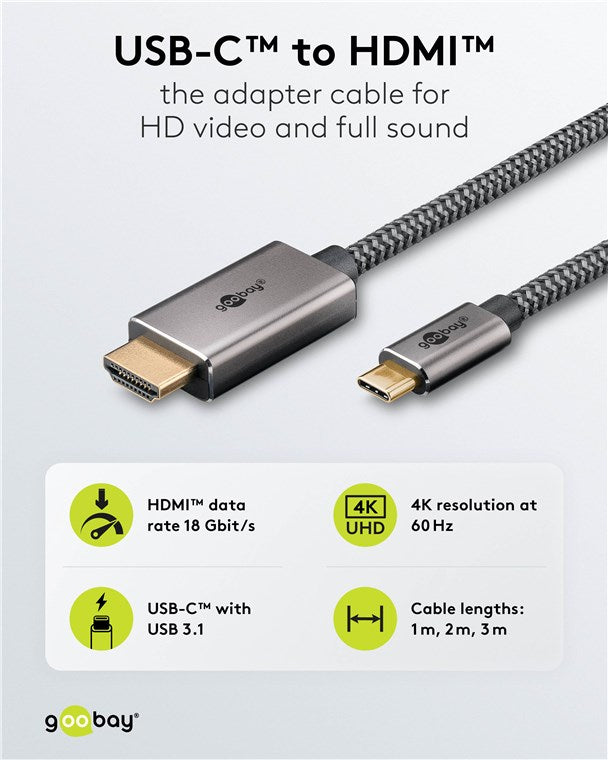 USB-C™-auf-HDMI™-Textilkabel 4K @ 60 Hz, 3 m, schwarz;silber