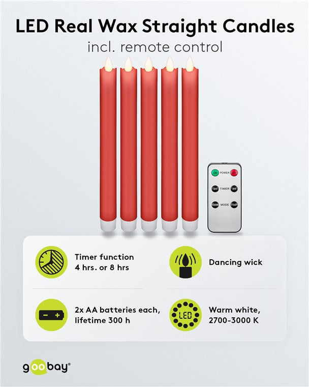 5er-Set rote LED-Echtwachs-Stabkerzen, inkl. Fernbedienung