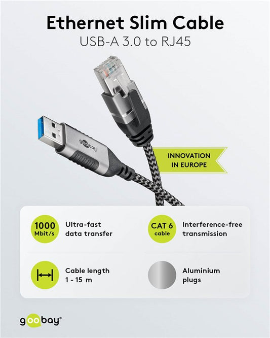 Ethernet-Kabel USB-A 3.0 auf RJ45, Slim, 3 m
