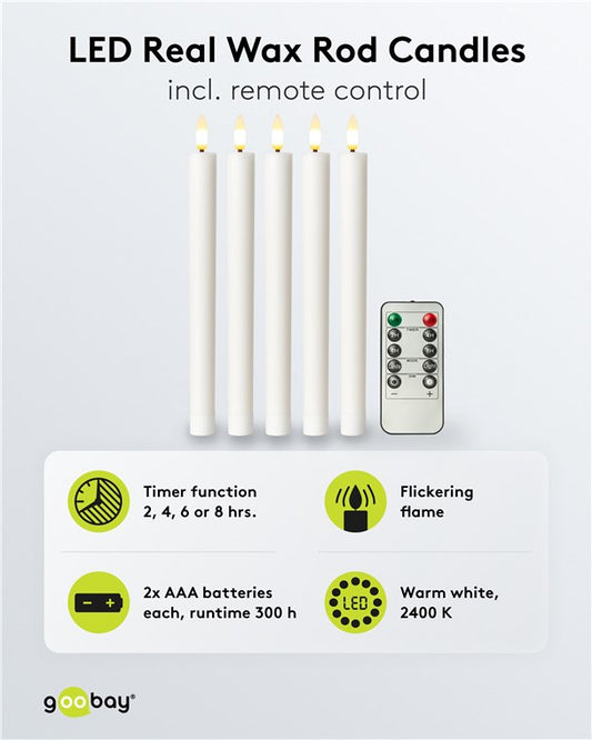 5er-Set weiße LED-Echtwachs-Stabkerzen, inkl. Fernbedienung und 10x AAA (LR03)