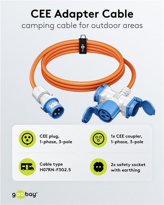 CEE-Adapterleitung, CEE-Stecker auf 1x CEE-Kupplung und 2x Schutzkontakt-Kupplung, 10 m