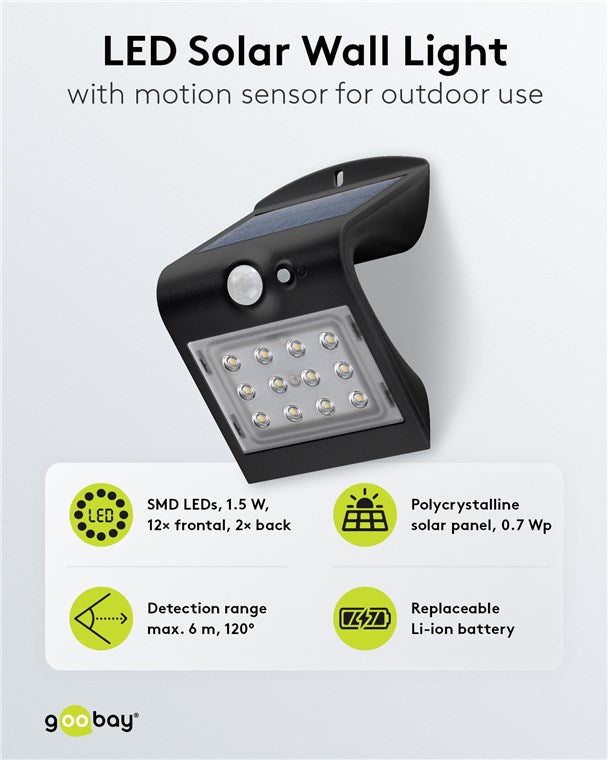 Hareket dedektörlü LED solar duvar lambası, 1,5 W, siyah