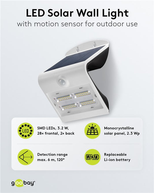 LED-Solar-Wandleuchte mit Bewegungsmelder, 3,2 W, weiß