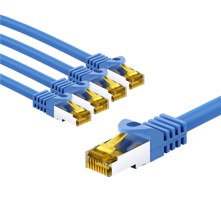RJ45-Patchkabel CAT 6A S/FTP (PiMF), 500 MHz mit CAT 7 Rohkabel, 5 m, blau, 5er-Set
